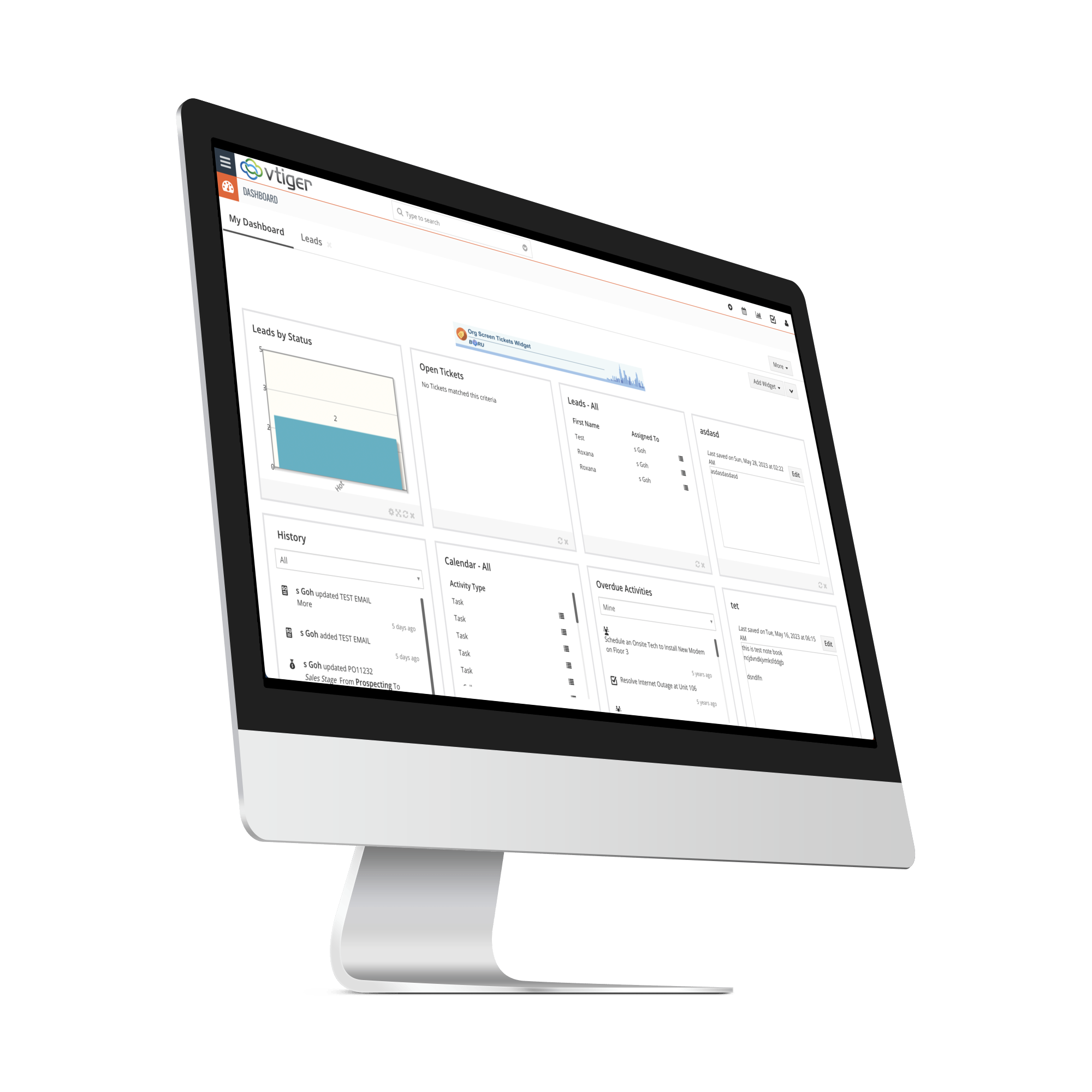 Einblick in das Dashboard von vtiger CRM mit Leads und Service-Tickets